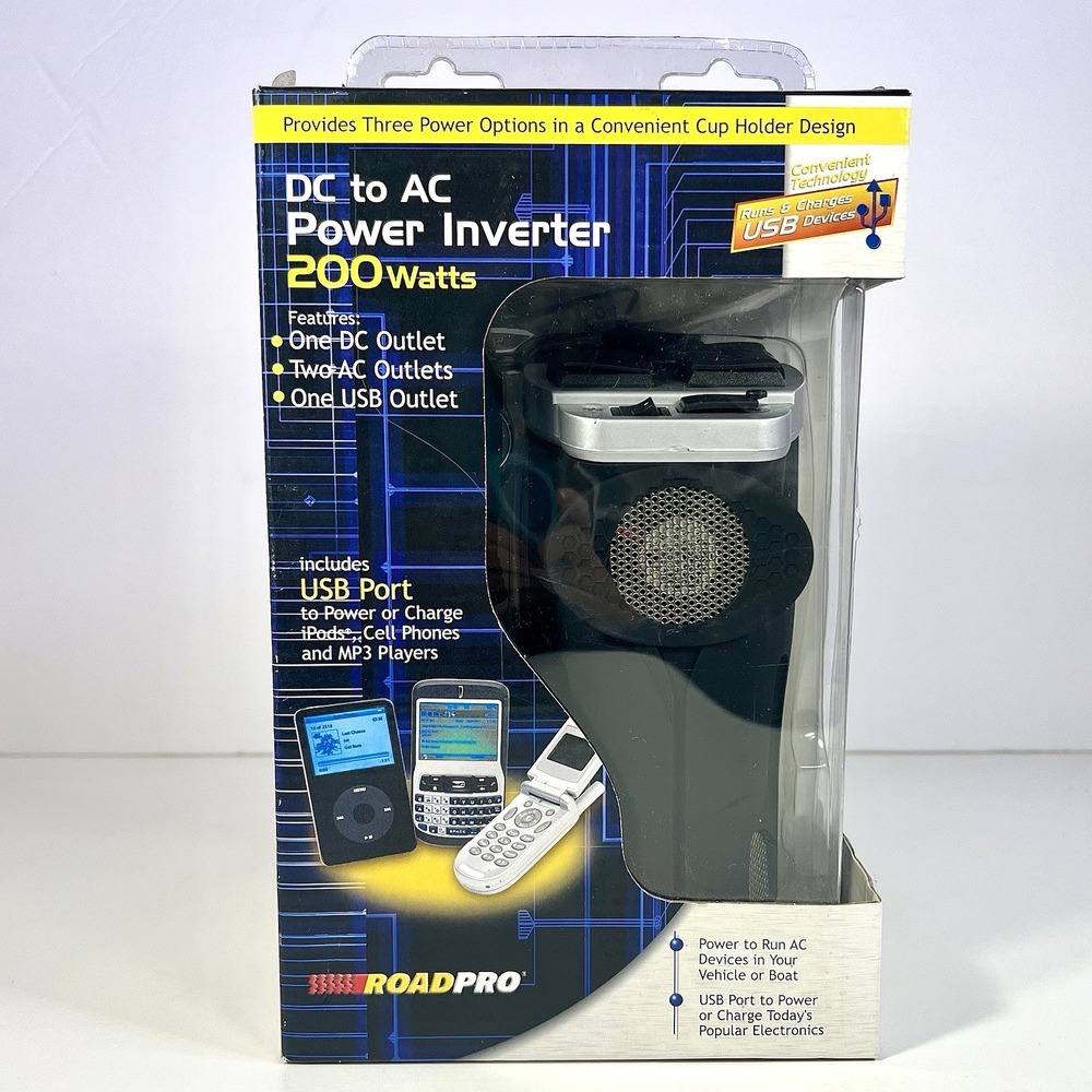 Vintage RoadPro DC to AC Power Inverter Drive 200 Watts Cup Holder Design‎ NEW